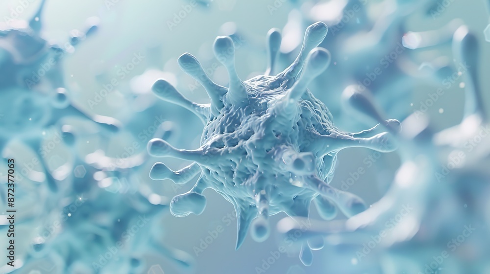 Poster futuristic cell structure visualization on light blue gradient background