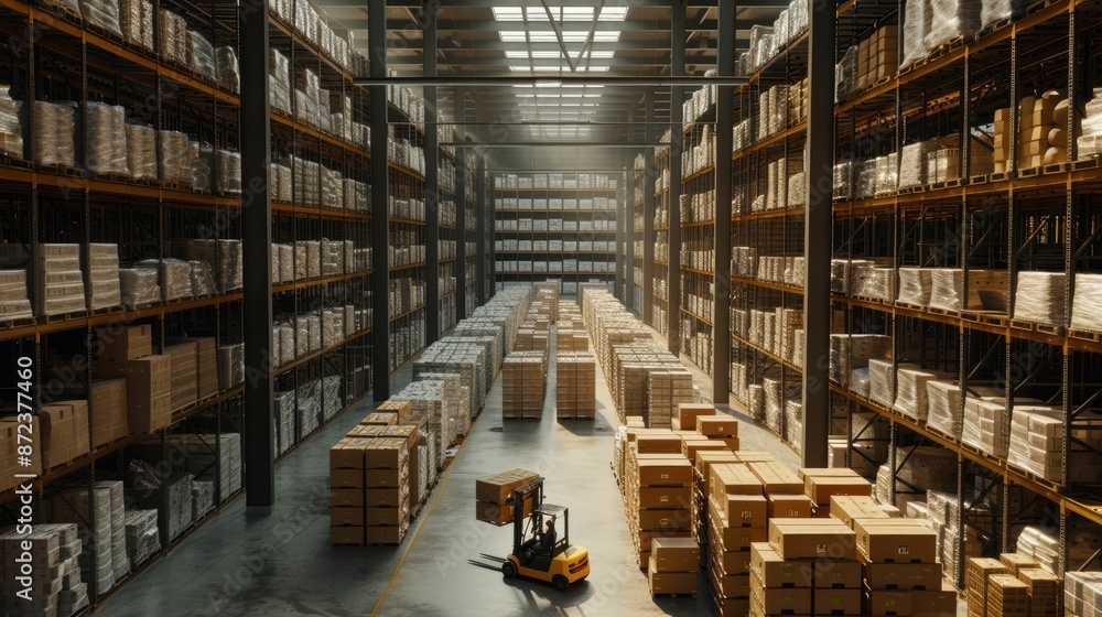 Poster smart warehouse worker or operator driving forklift and lifted product surrounded with box at storag