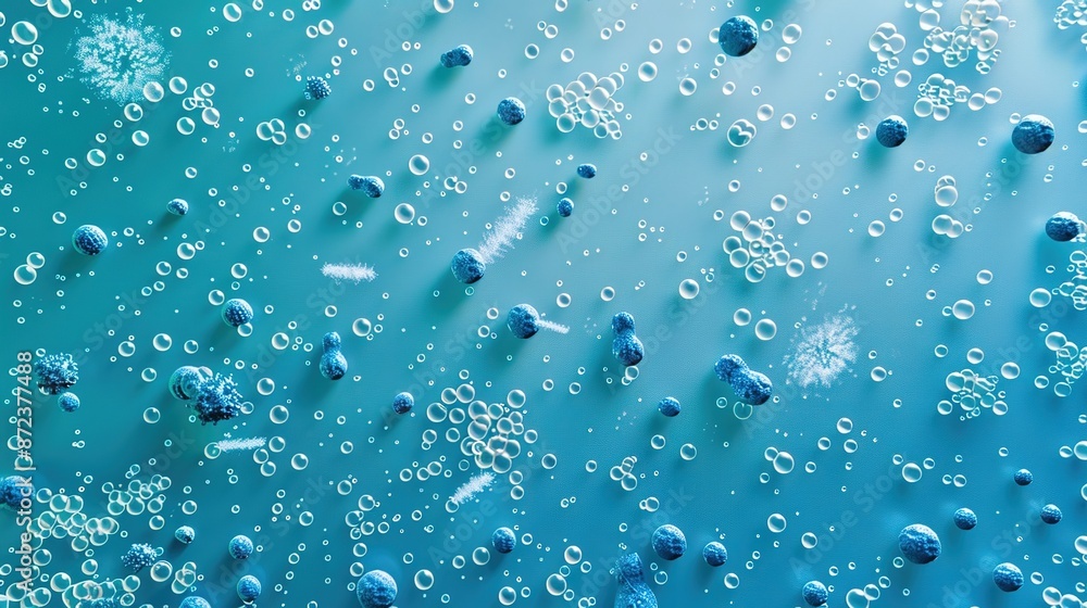 Poster tranquil microscopic world - minimalist microbiological elements on soft blue gradient background fo