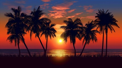 Silhouetted palm trees and gentle waves are illuminated by the warm, golden hues of a setting sun, casting a serene and calming influence over the tropical beach.