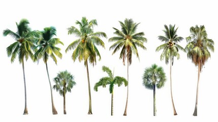 This image captures multiple palm trees, each unique in form and foliage, set against a pristine white backdrop, portraying a rich tropical atmosphere.