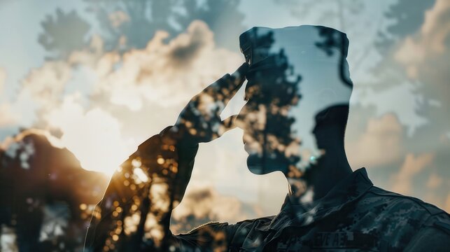 Military appreciation, flag ceremony, respectful tribute, close up, focus on, copy space Double exposure silhouette with soldier salute