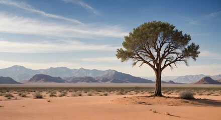  A striking image of a lone green tree standing amidst red desert dunes with distant mountains under a clear blue sky.