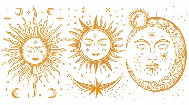 A detailed celestial-themed illustration featuring artistic renditions of the sun and moon, embellished with intricate patterns and other cosmic elements in a vector format.