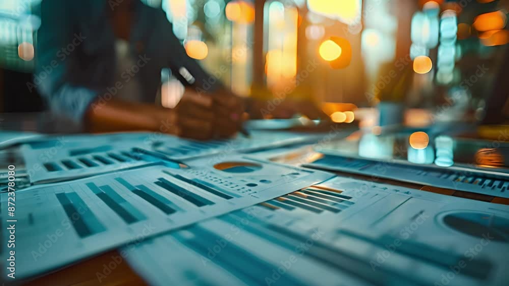 Poster Close-up shot of a persons hands working on charts and graphs on a table. The person is out of focus, with a blurred office background.