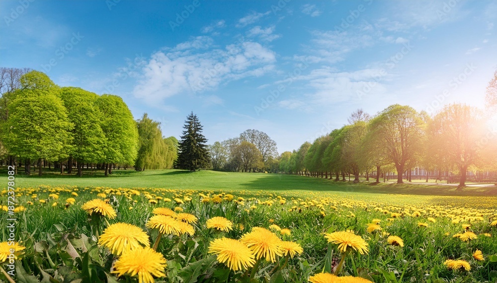 Wall mural green meadow with yellow blooming dandelions on a sunny day spring park landscape