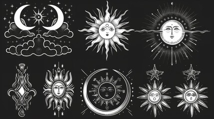 This image presents a collection of celestial designs featuring the sun, moon, and stars, representing the universe's cosmic harmony in a detailed and intricate illustration.