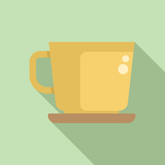 Simple yellow coffee cup standing on a saucer casting a long shadow, isolated on a light green background