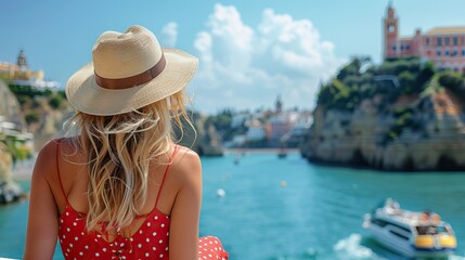 Tourist Woman Enjoying a Boat Ride in Seville, Woman on a Boat Ride with Guadalquivir River Views..