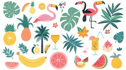 An illustration bursting with the essence of summer, showcasing tropical birds, fruits, and leaves in vivid colors, representing fun, relaxation, and the beauty of nature.