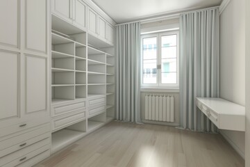 a white interior with a window and a bookcase