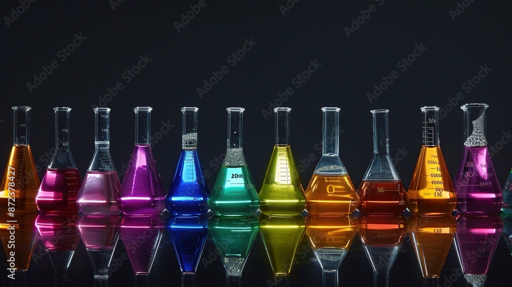 Aufkleber array of colorful chemical flasks on reflective lab table - chemistry experiment concept