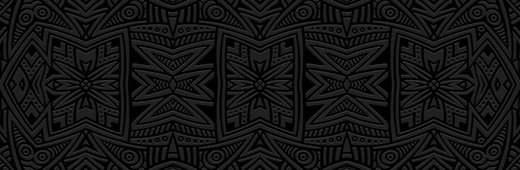 Banner, cover design. Relief geometric ethnic 3D pattern on a black background. Creative ornaments, arabesques, doodle, zentangle. Tribal motifs of the East, Asia, India, Mexico, Aztec, Peru.