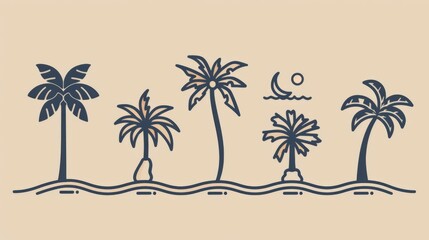 Stylized line drawings of palm trees on a wavy ground, providing a minimalist and elegant representation of tropical scenery, ideal for modern design lovers.