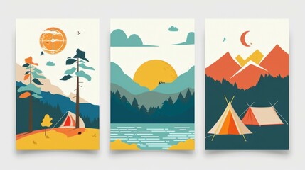 A minimalist and colorful series illustrating tents set up in nature landscapes, emphasizing a serene and peaceful camping experience perfect for outdoor appreciators.