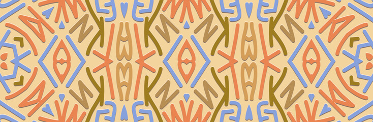 Banner, cover design. Relief geometric ethnic color 3D pattern on a light background. Doodle, zentangle, anti-stress. Tribal minimalist motifs of the East, Asia, India, Mexico, Aztec, Peru.