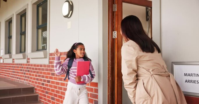 Teacher, happy and high five with children by classroom, front door and welcome back to school for learning. Woman, kids and support with motivation, education and scholarship in morning at academy