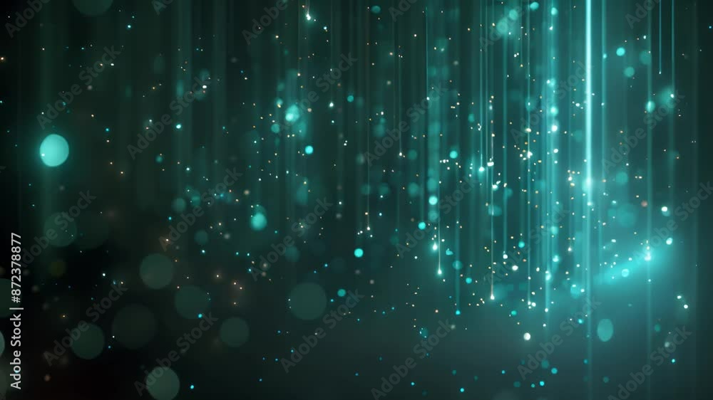 Poster an abstract digital image featuring streaks of teal light against a dark background with bokeh effec