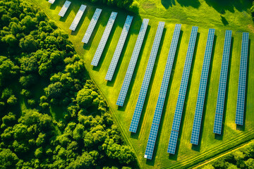 Aerial view of a solar farm generating solar power over many rows of solar panels