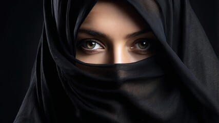 Naklejka premium Muslim women wearing black hijab, women wearing veil, girl wearing veil, girl wearing black hijab, girl wearing black niqab, hijab, veil, muslim, black hijab, black background