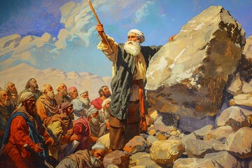Moses striking the rock at Horeb with his staff, causing water to miraculously gush forth. Astonished Israelites rush to collect the water, while Moses stands resolute, his faith and leadership eviden