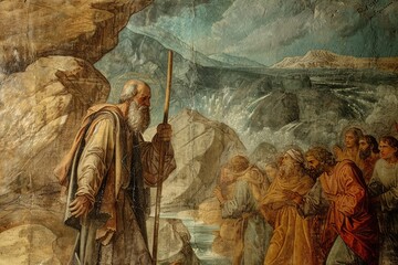 Moses striking the rock at Horeb with his staff, causing water to miraculously gush forth. Astonished Israelites rush to collect the water, while Moses stands resolute, his faith and leadership eviden