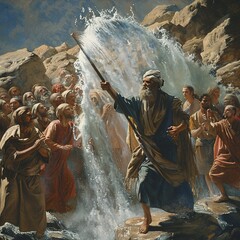 Moses striking the rock at Horeb with his staff, causing water to miraculously gush forth. Astonished Israelites rush to collect the water, while Moses stands resolute, his faith and leadership eviden