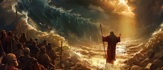 Moses striking the rock at Horeb with his staff, causing water to miraculously gush forth. Astonished Israelites rush to collect the water, while Moses stands resolute, his faith and leadership eviden