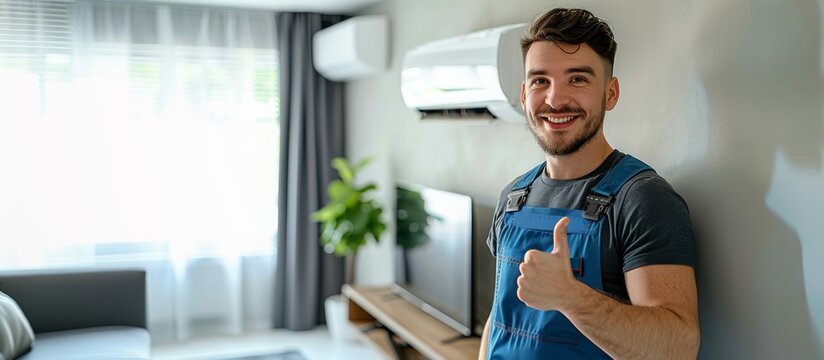 Smiling Technician Giving Thumbs Up Indoors. Young male technician in blue overalls giving a thumbs up, standing in a bright living room with air conditioner. Banner with copy space