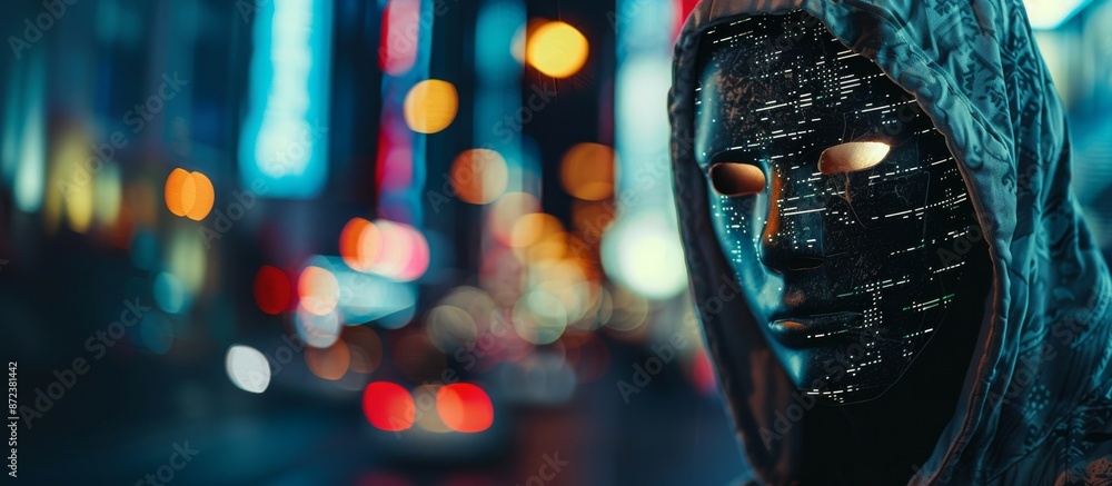 Poster futuristic masked figure in a cityscape with vibrant lights and blurred background, creating a myste