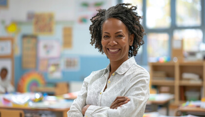 A woman is standing in a classroom with her arms crossed, smiling happily in her formal wear