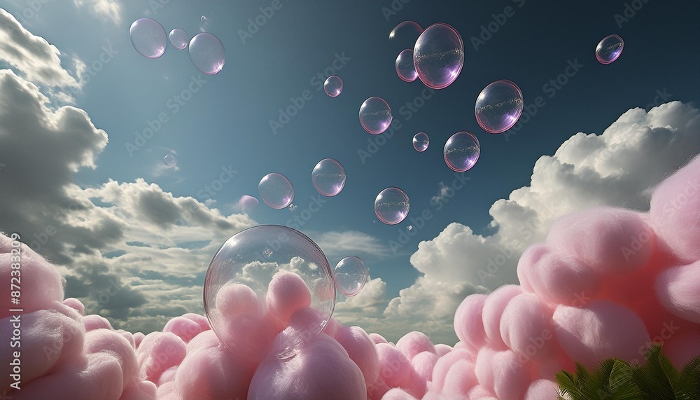 Sticker beautiful cloudscape with blue sky and pink clouds with bubbles pink clouds in the sky stage fluffy 