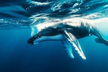 Naklejka premium A Baby Humpback Whale Plays Near the Surface in Blue Water