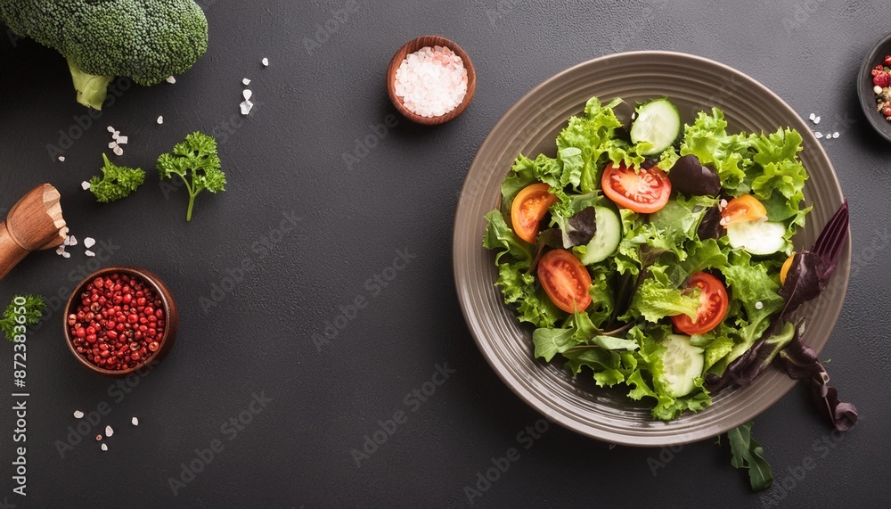 Wall mural green salad with salad leaves and vegetables at black background top view with copy space