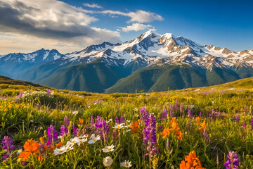 Fototapeta premium Beautiful snow top mountains landscape with wildflowers on the meadow