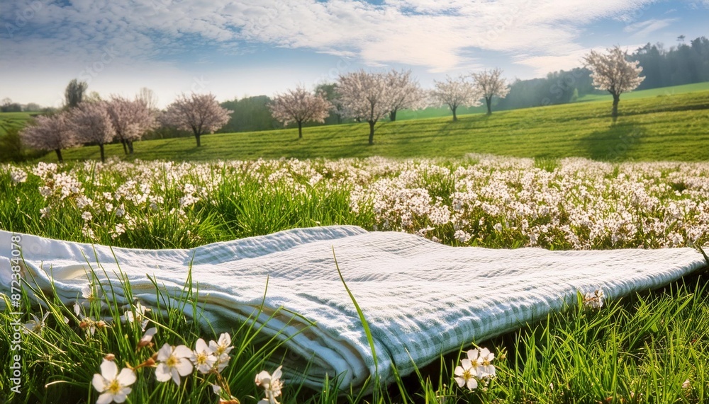 Poster closeup view of the picnic duvet on the meadow with green grass and spring flowers