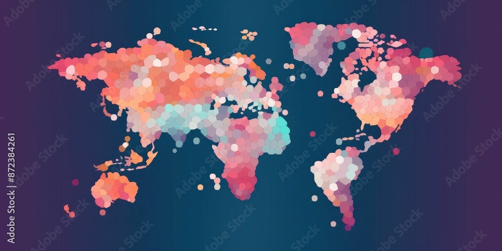 Poster stylized world map composed of multicolored circles on a white background with a modern artistic tou