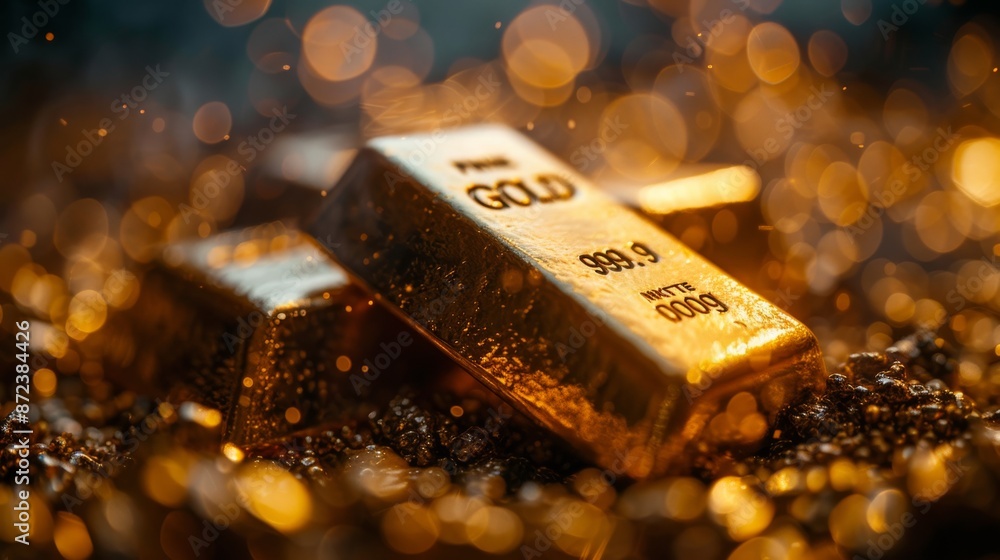 Poster shiny gold bars with bokeh effect. close-up of two gold bars with a shimmering bokeh background, hig