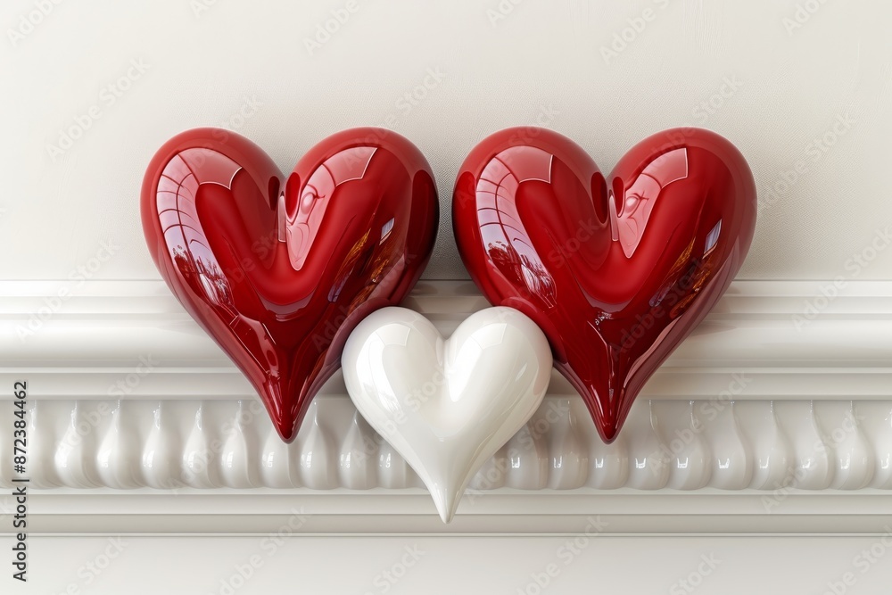 Sticker heartwarming illustration of red and white heart sculptures symbolizing love and beauty in a playful