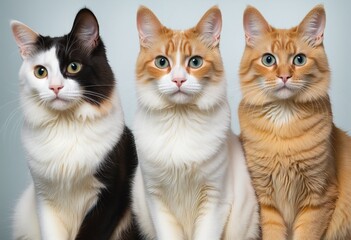 Four cats posing in a studio setting, showcasing their various fur colors and patterns against a white background