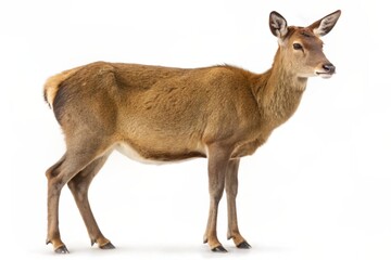 Fototapeta premium Doe walking, Female red deer isolated on white 