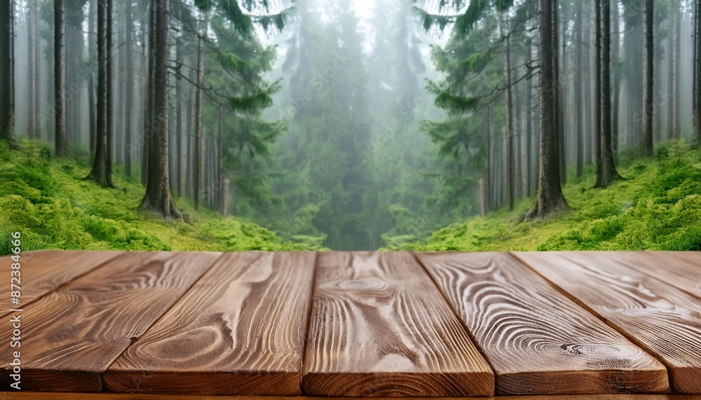 Poster empty wooden table for mockup with a background of forest on a rainy day