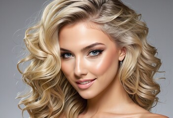 Fototapeta premium Glamorous Beauty Makeover: Long blonde curls and flawless makeup for a fresh and healthy look