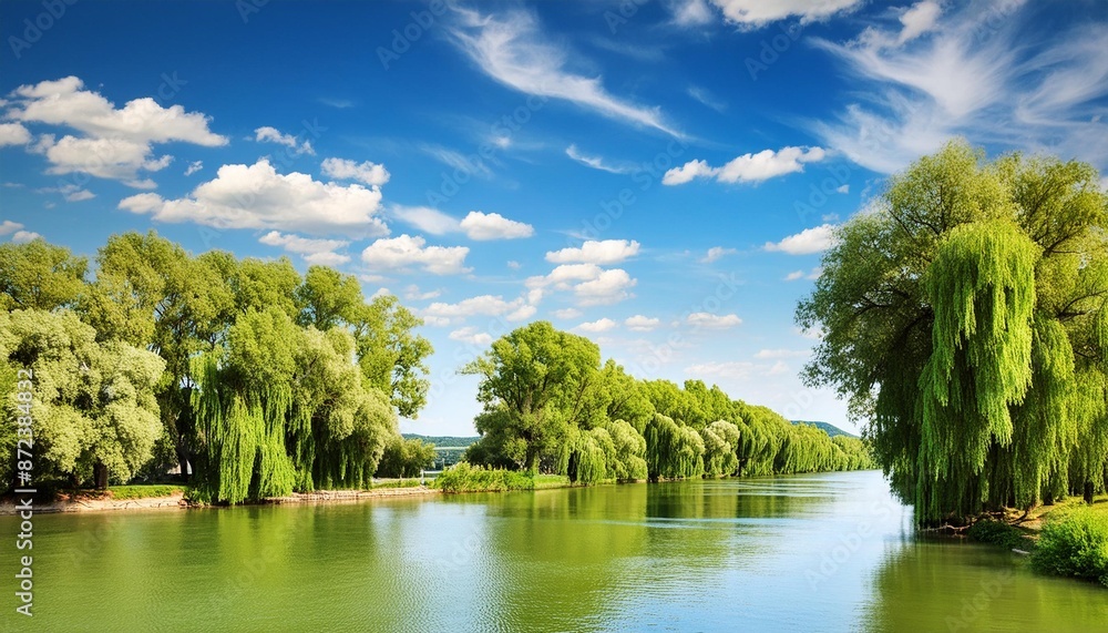 Wall mural nature landscape of danube river with blue sky and willow trees