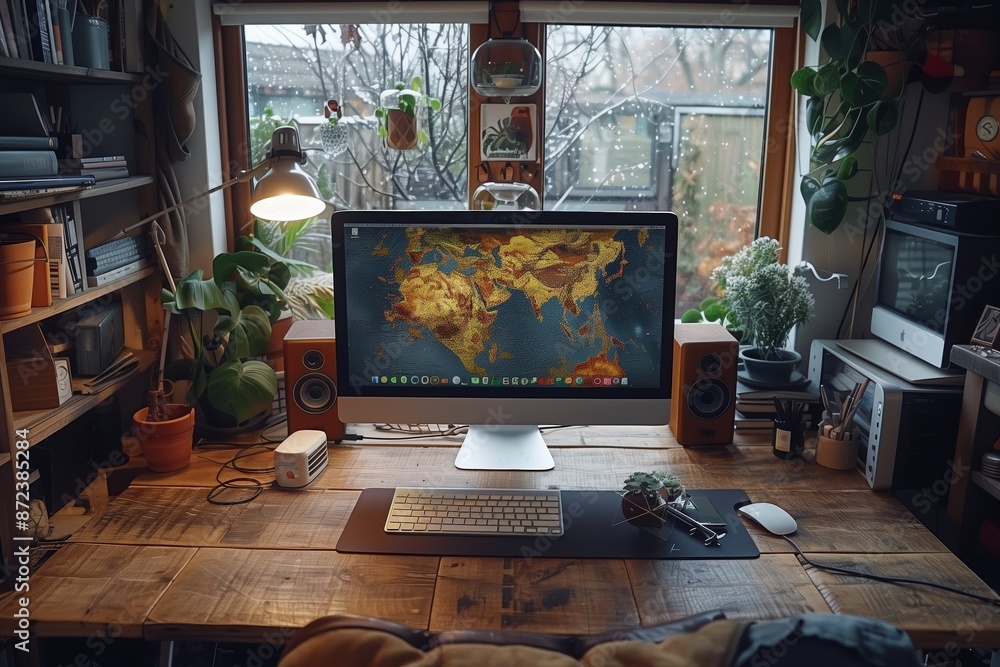Poster a home office desk with a map displayed on a computer during a snowy day