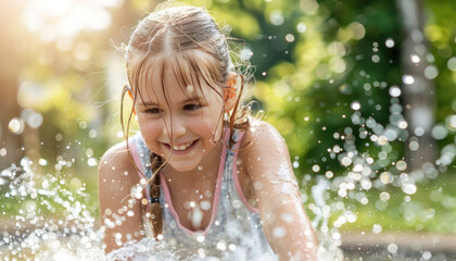 Obraz premium A happy little girl is playing in a fountain, splashing water and having fun on a sunny day