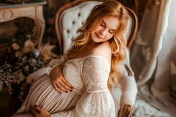 Fototapeta premium Beautiful pregnant woman hugging her tummy at home
