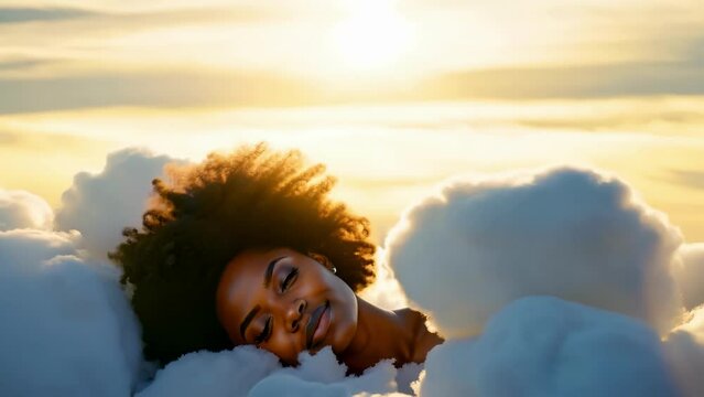 Black woman with afro hair sleeping peacefully on clouds in the sky, relaxing 