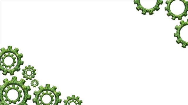 video of rotating machine/gear movements made from green grass/leaves, as a simulation of something that is in process and running smoothly  and environment friendly process 