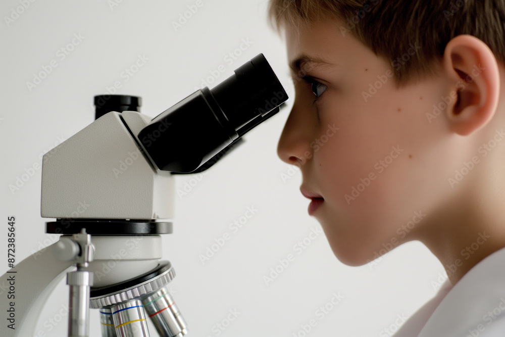 Poster young scientist focuses on observing a sample through a microscope in a lab, showing curiosity and d